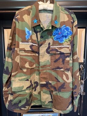 Camouflage Utility Jacket with Blue Floral & Butterfly Appliqués